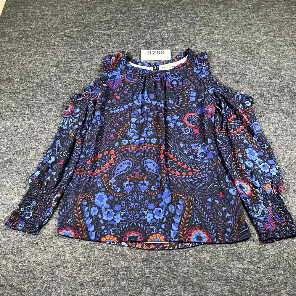 LOFT Blouse Top Womens‎ Medium Multicolor Paisley Rayon Crew Neck Cold Shoulder